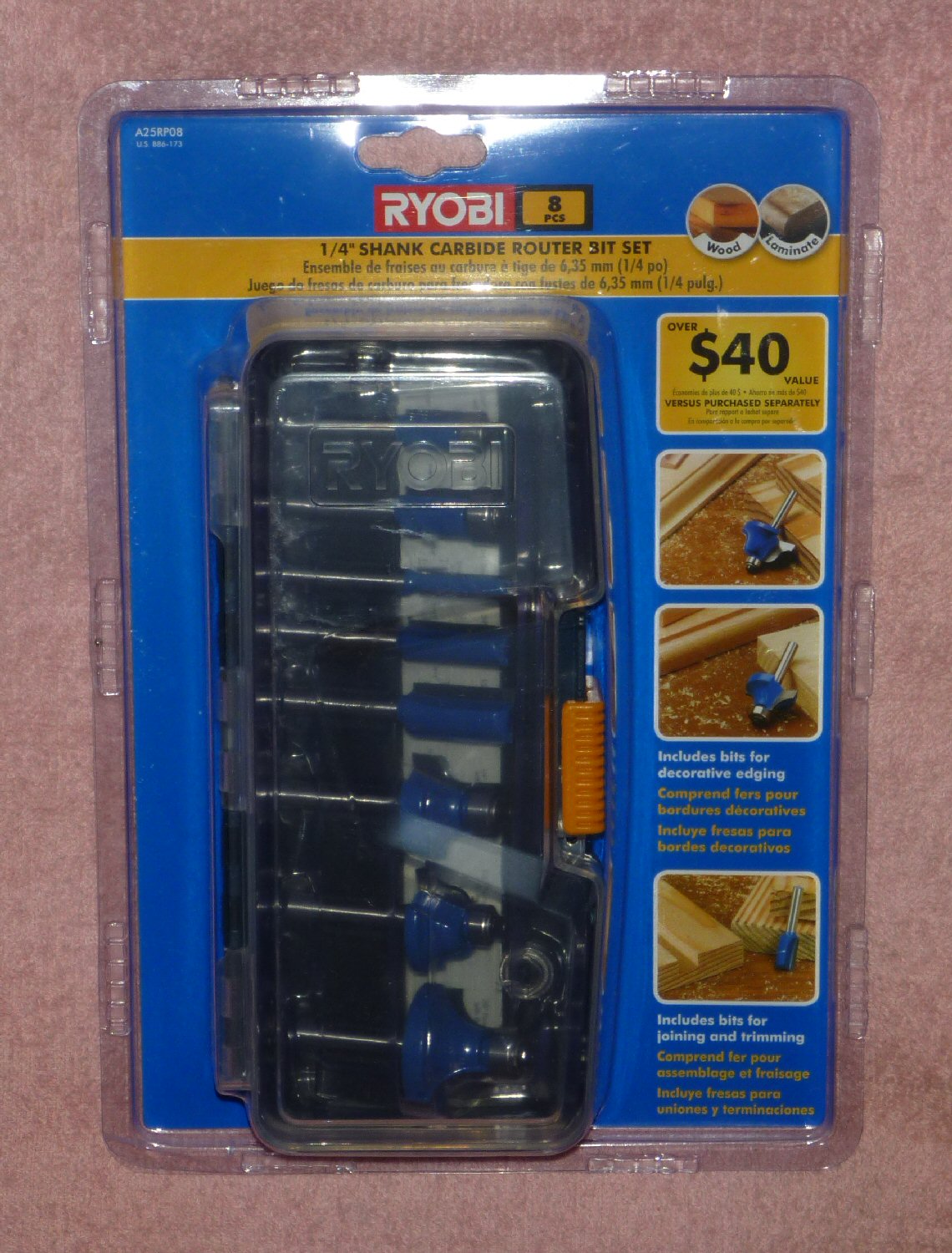 Ryobi A25RP08 8 pc 1/4" Shank Carbide Router Bit Set NEW! FREE SHIP!